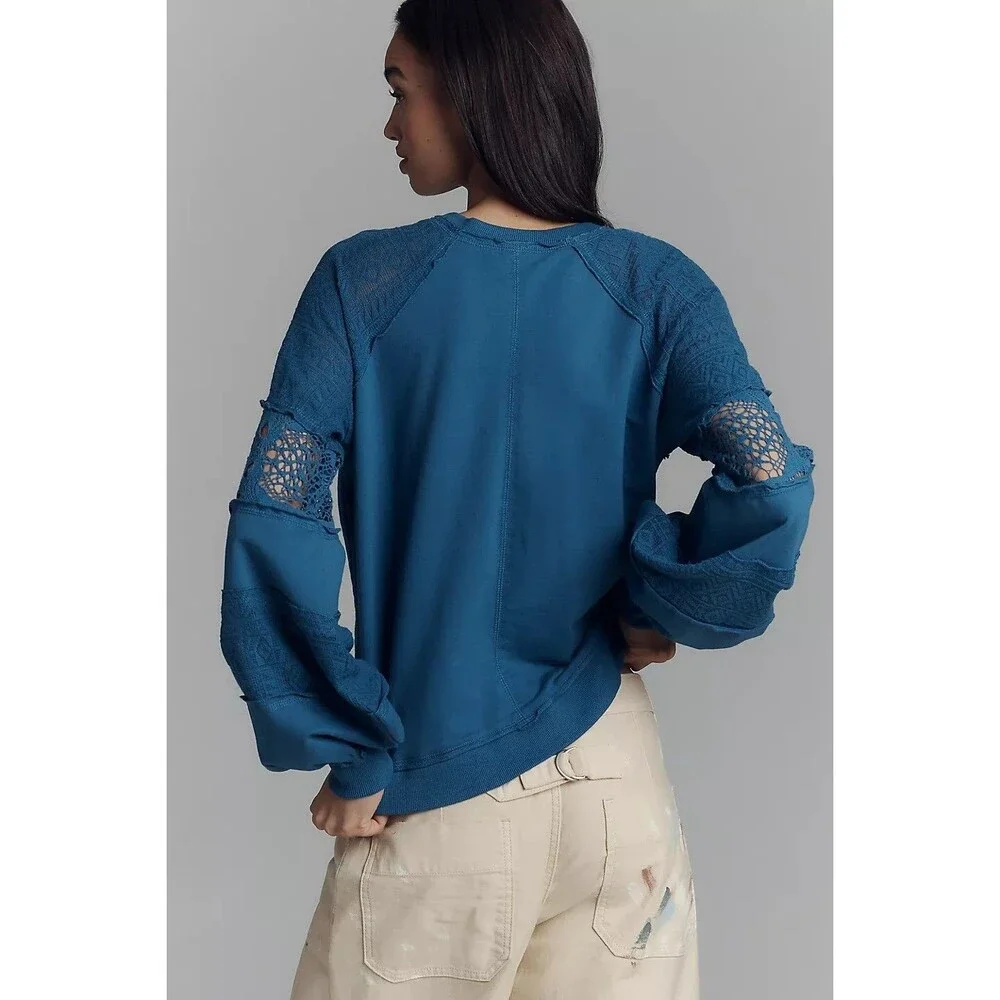 By Anthropologie Lace Balloon-Sleeve Blouse Top Pullover Cotton Blue XS 279962